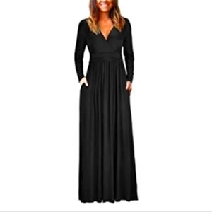OUGES Long Sleeve V-Neck Black Maxi Dress with Pockets Size XL